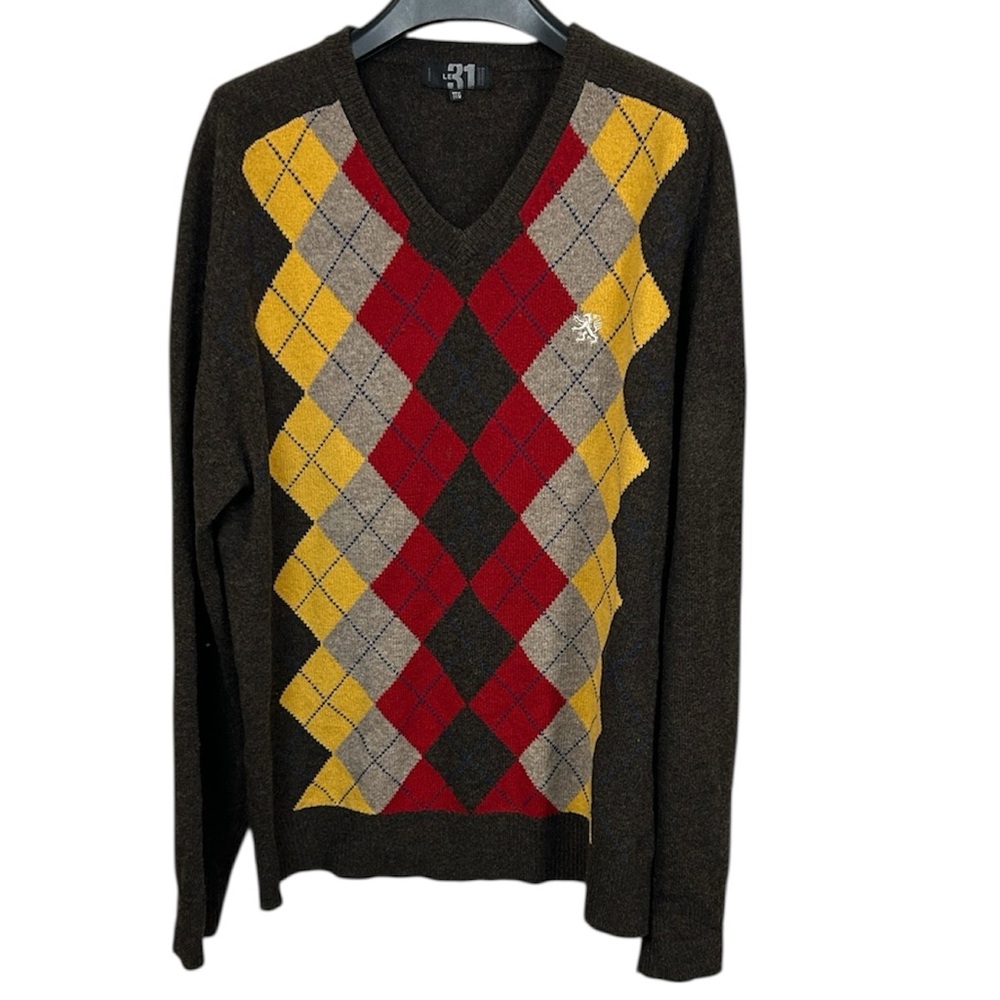Le 31 100% Lambswool Argyle V‑Neck Sweater Brown Red‎ Yellow Men’s XXL